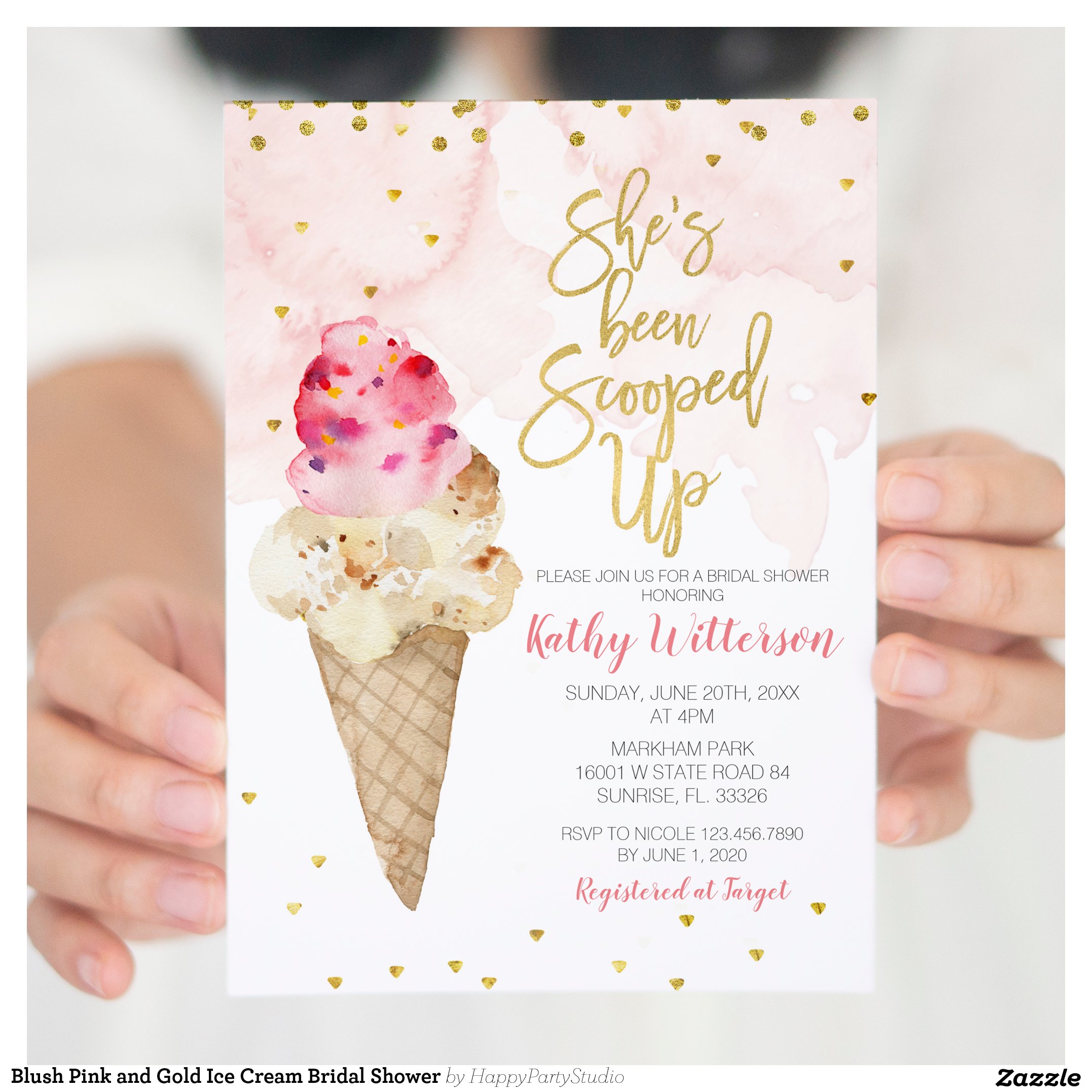 Blush Pink and Gold Ice Cream Bridal Shower Invitation