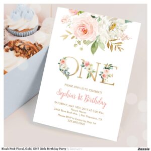 Blush Pink Floral, Gold, ONE Girls Birthday Party Invitation