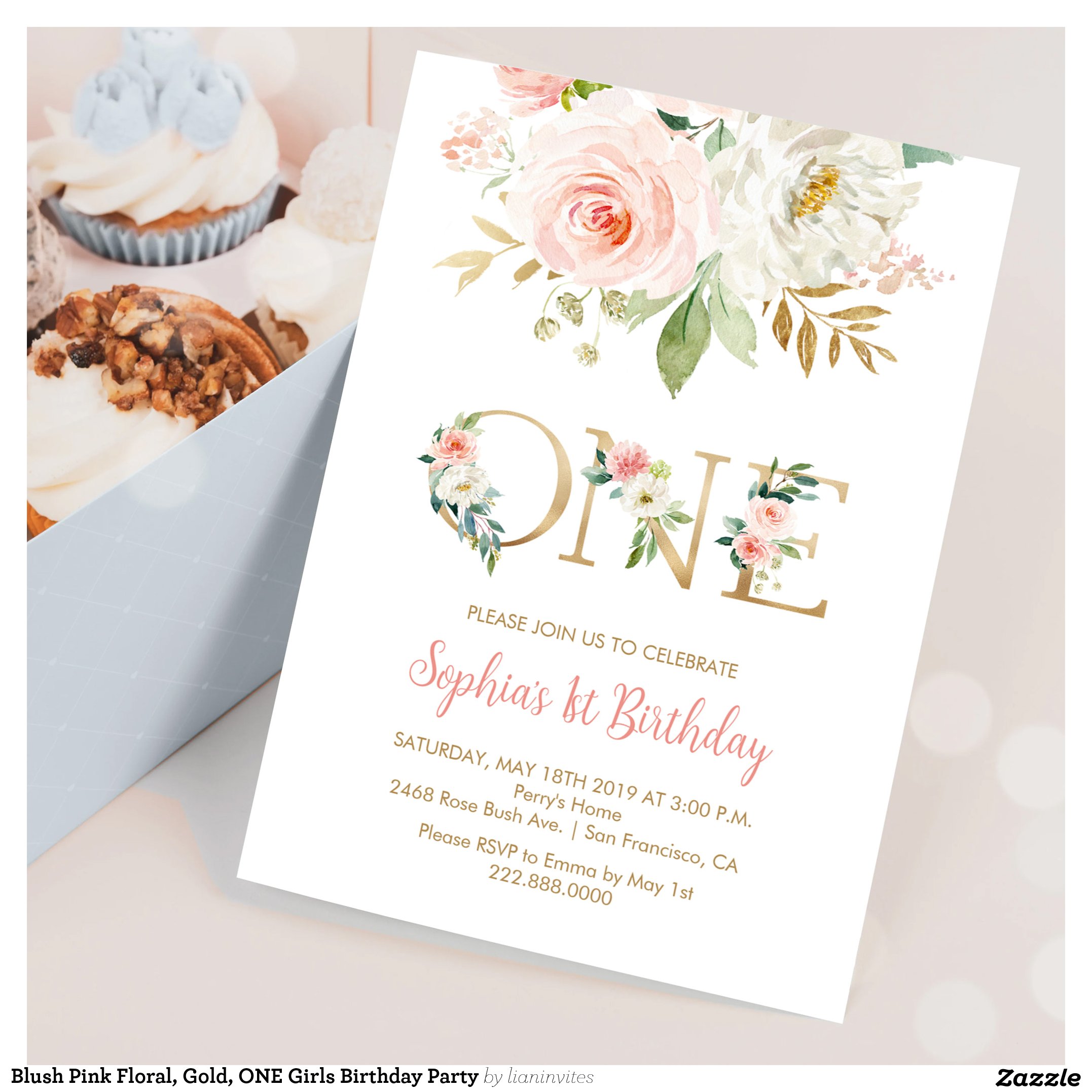 Blush Pink Floral, Gold, ONE Girls Birthday Party Invitation