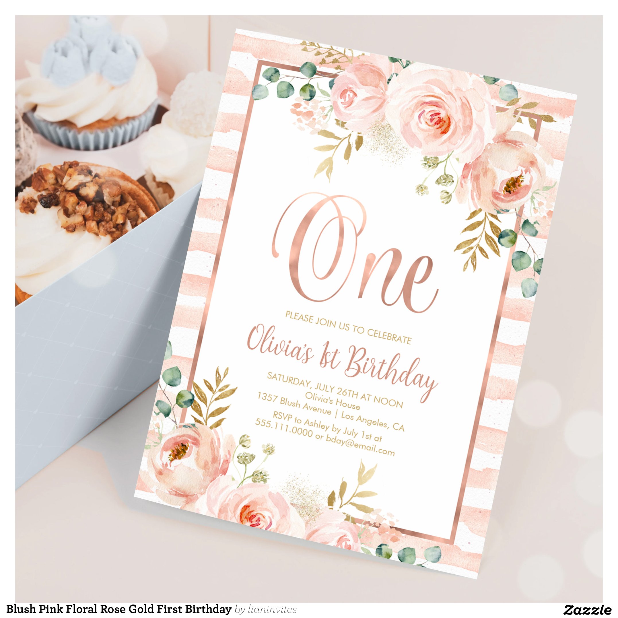 Blush Pink Floral Rose Gold First Birthday Invitation