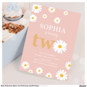 Boho Bohemian Retro 70s Pink Daisy 2nd Birthday Invitation