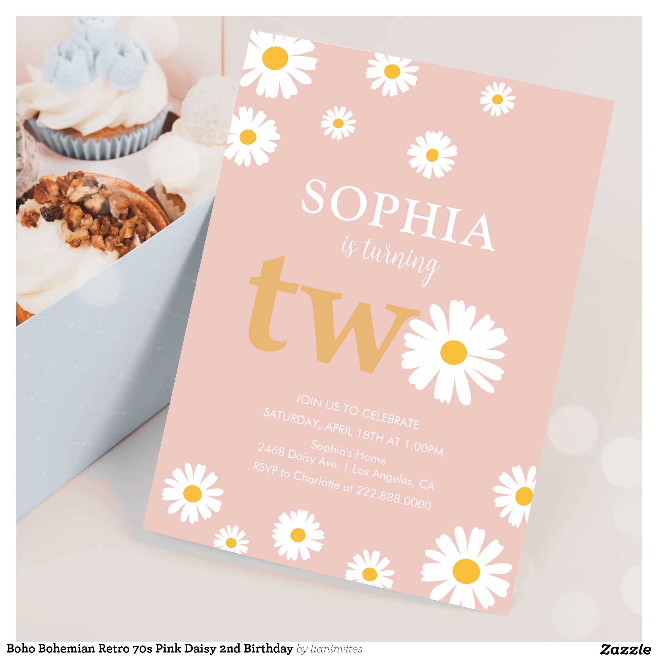 Boho Bohemian Retro 70s Pink Daisy 2nd Birthday Invitation
