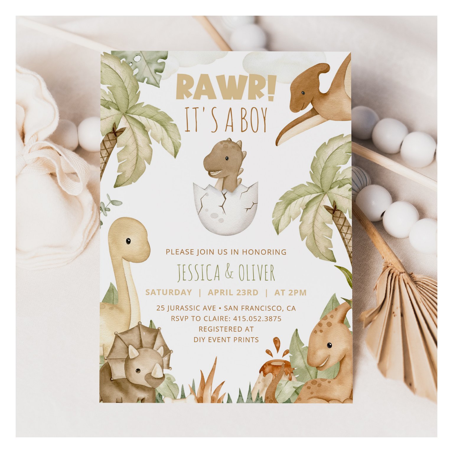 BOHO DINOSAUR Baby Shower Invitation, It's A Boy Invitation