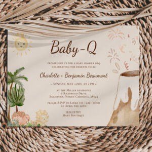 Boho Dinosaur Beige Baby-Q BBQ Baby Shower Invitation