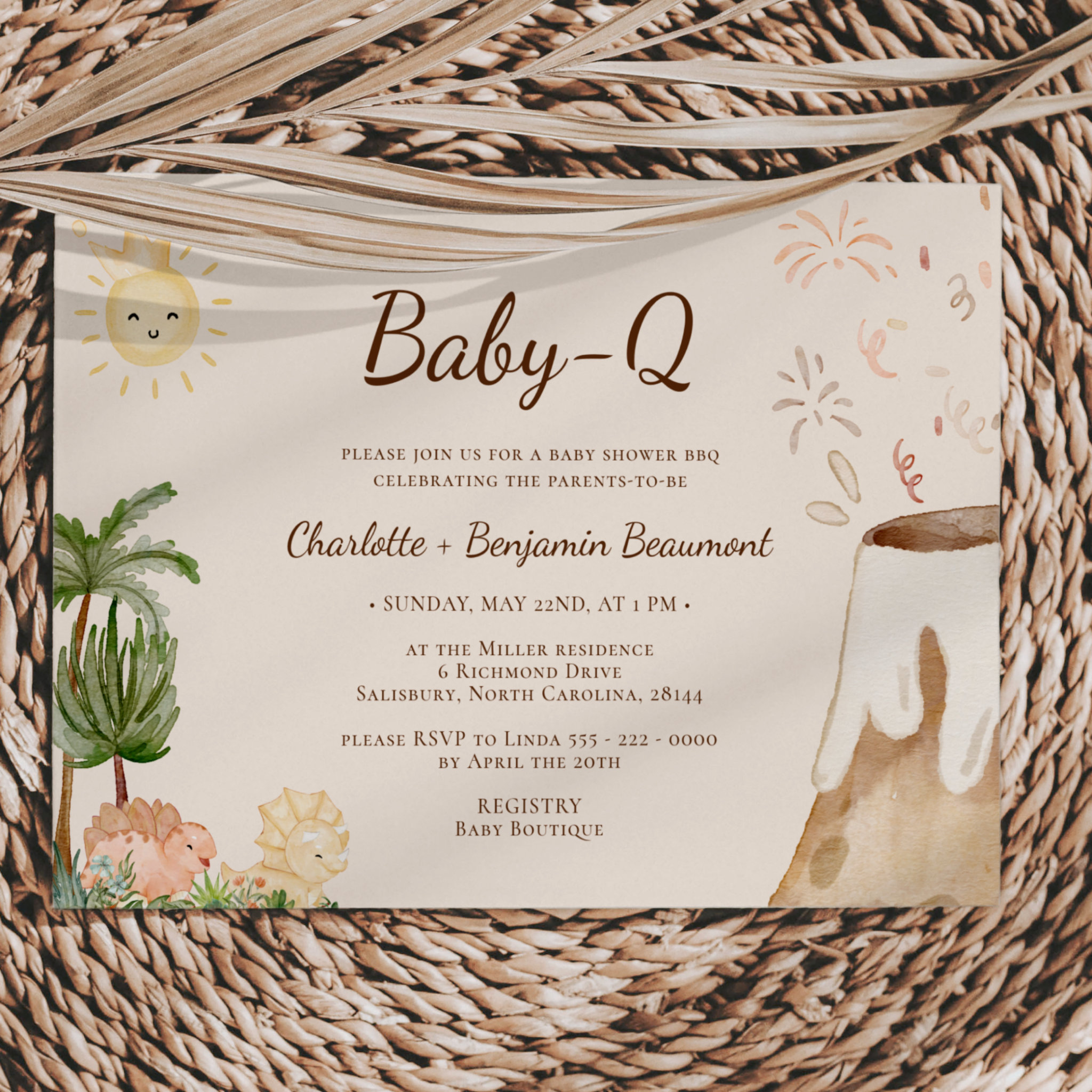 Boho Dinosaur Beige Baby-Q BBQ Baby Shower Invitation
