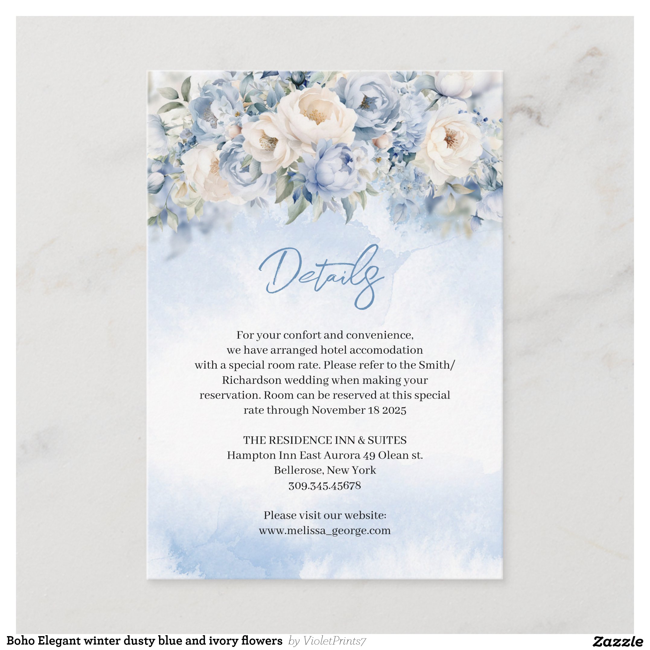 Boho Elegant winter dusty blue and ivory flowers Enclosure Card