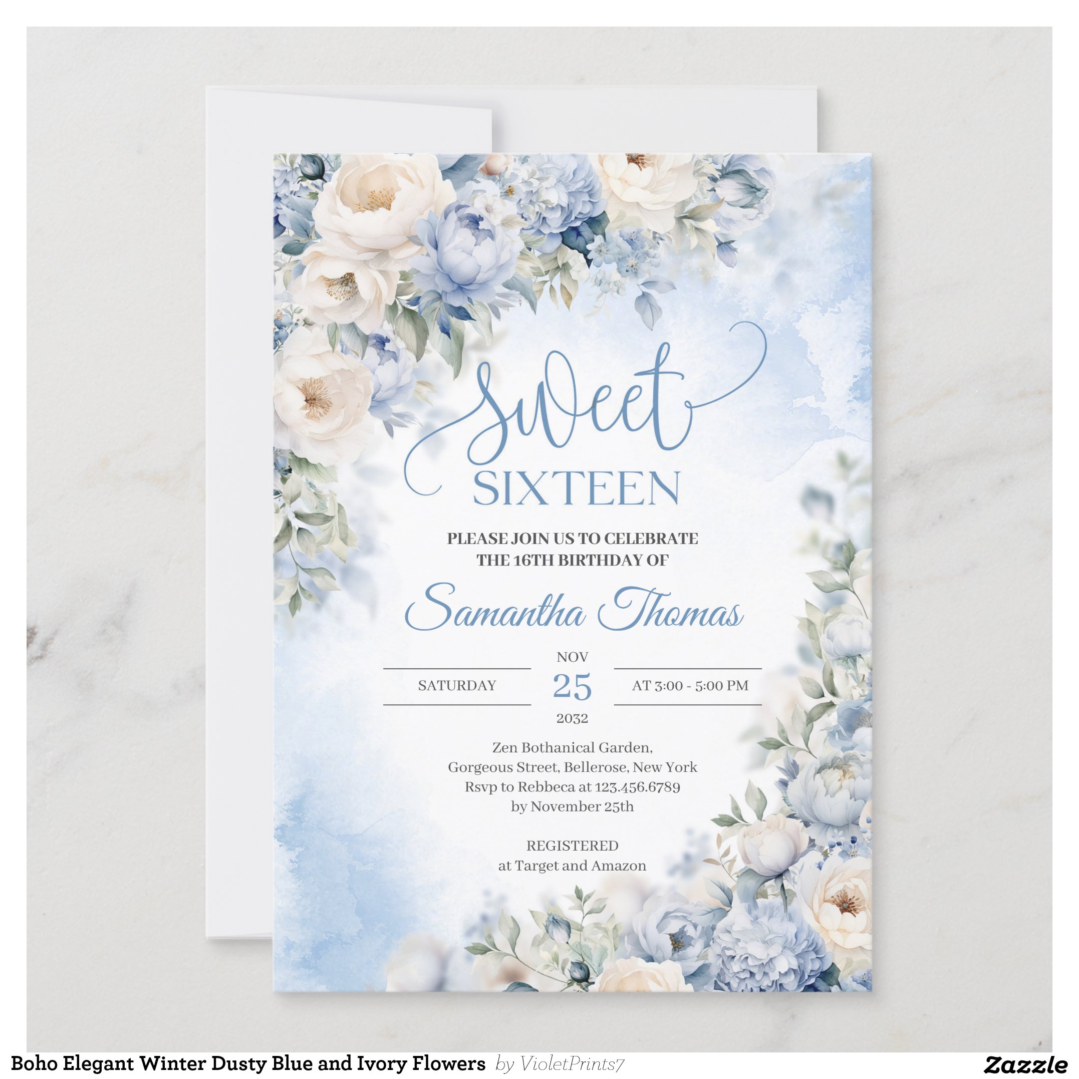Boho Elegant Winter Dusty Blue and Ivory Flowers Invitation