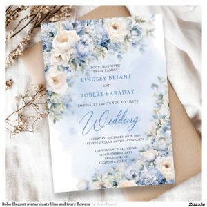 Boho Elegant winter dusty blue and ivory flowers Invitation