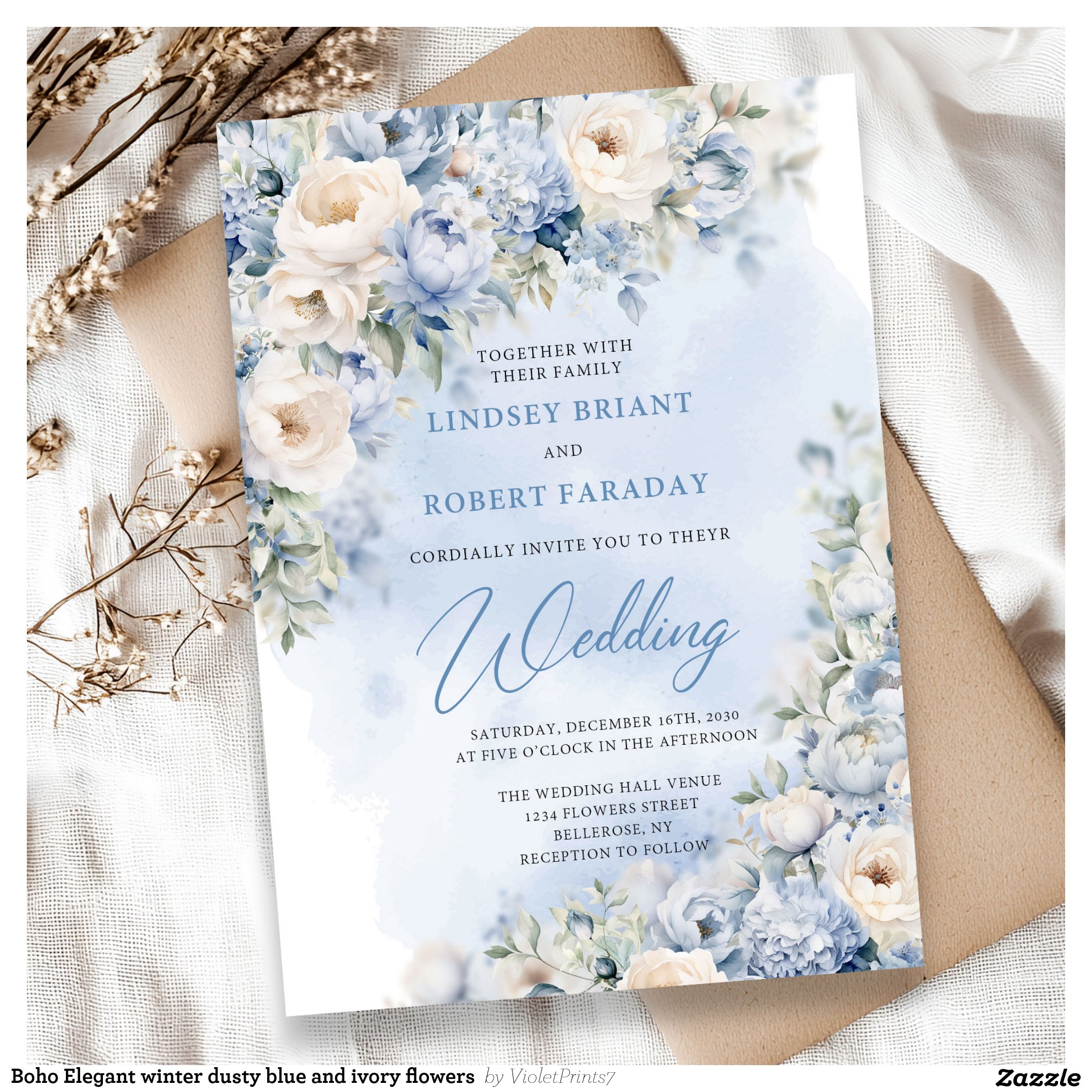 Boho Elegant winter dusty blue and ivory flowers Invitation