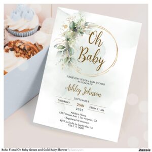 Boho Floral Oh Baby Green and Gold Baby Shower Invitation