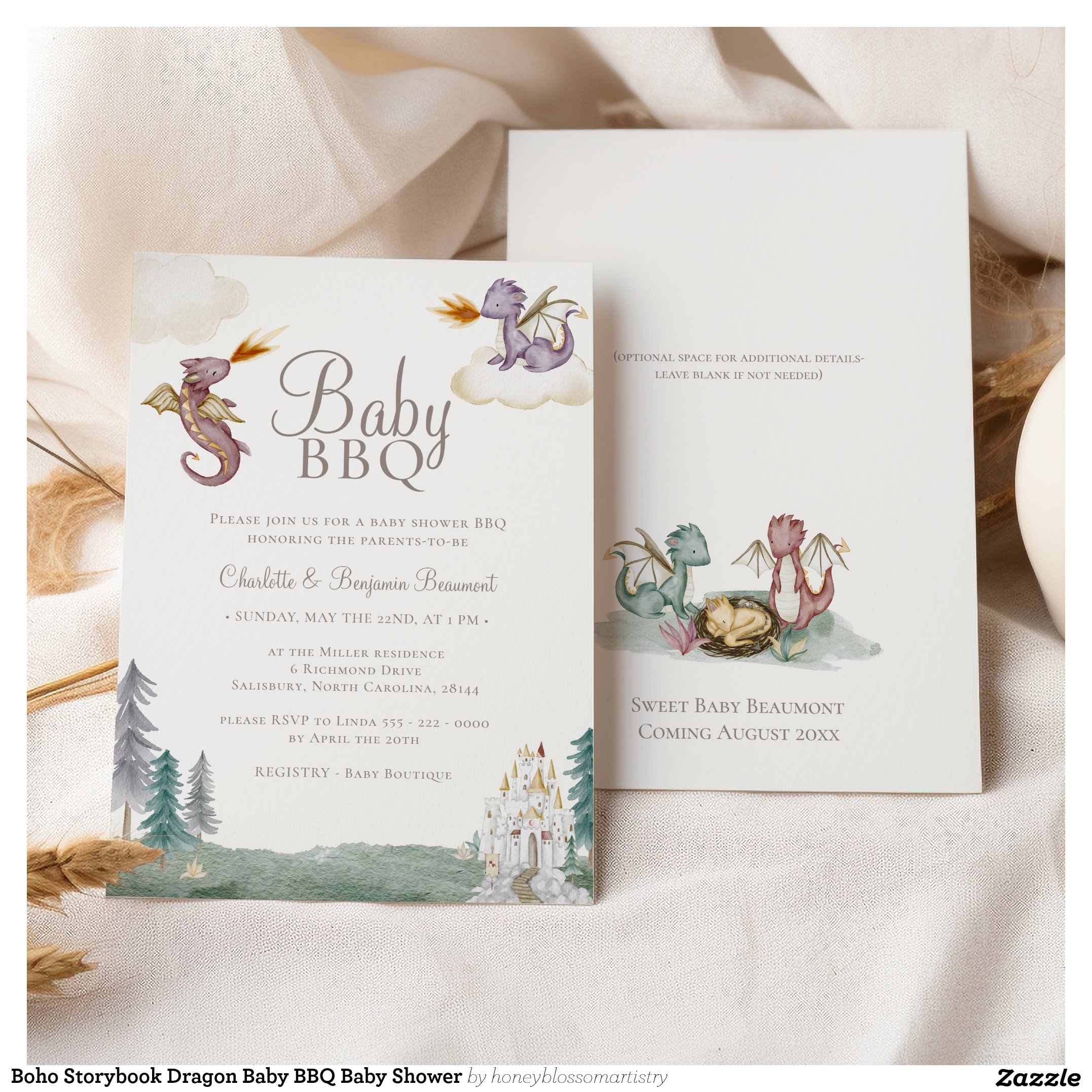 Boho Storybook Dragon Baby BBQ Baby Shower Invitation
