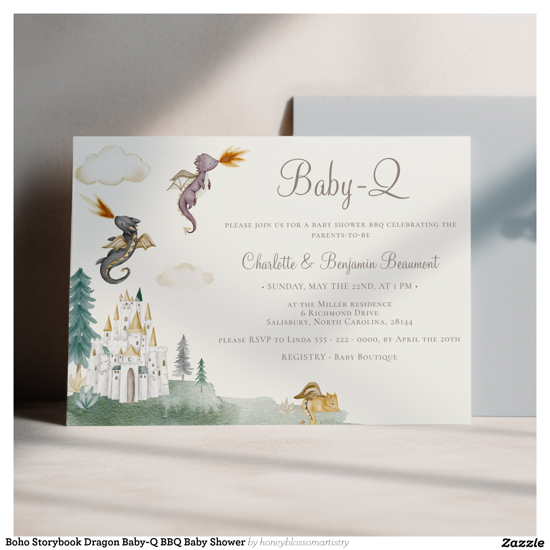 Boho Storybook Dragon Baby-Q BBQ Baby Shower Invitation