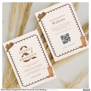 Boho Western Ampersand Wavy Frame Qr Code Wedding Invitation