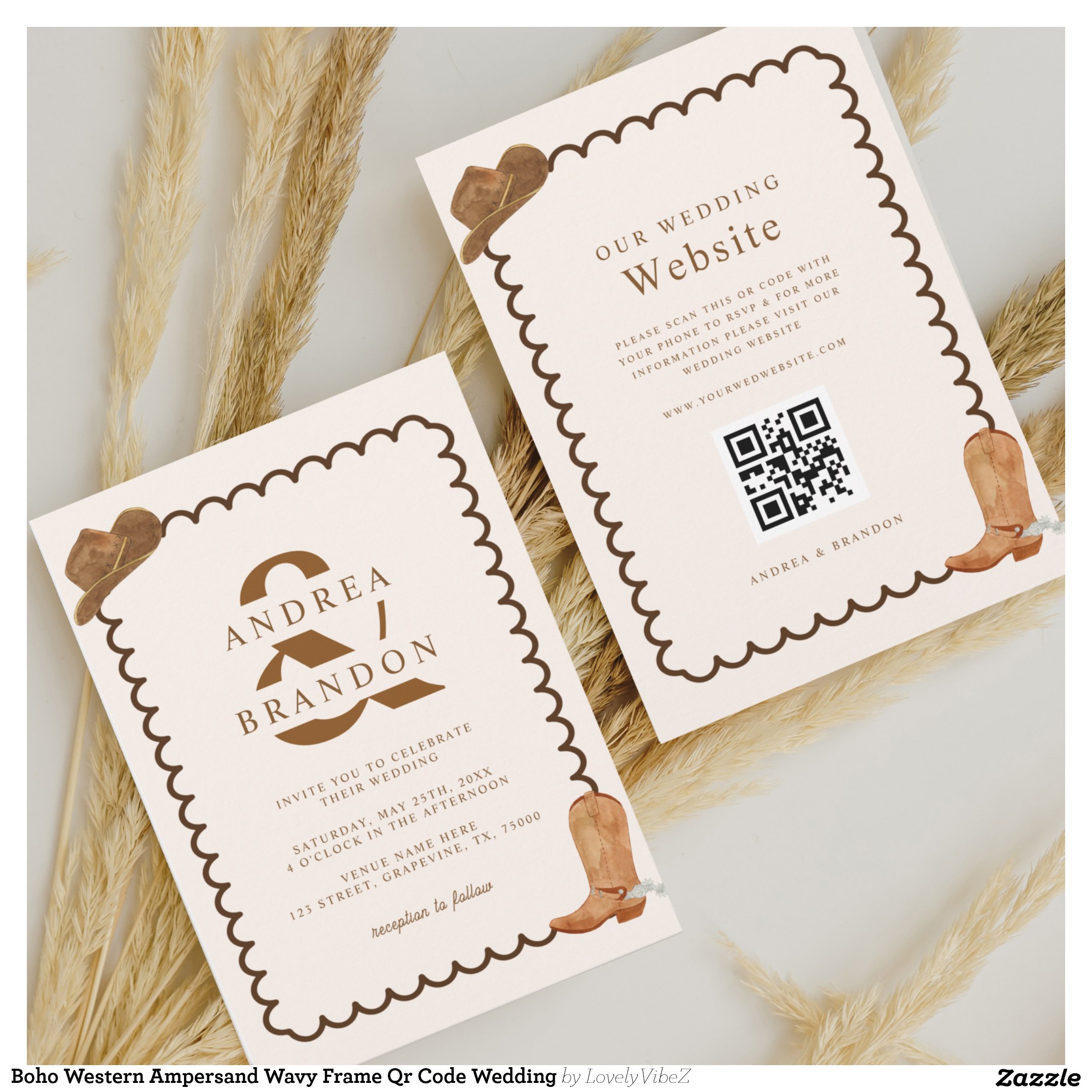 Boho Western Ampersand Wavy Frame Qr Code Wedding Invitation