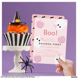 Boo! Halloween Ghost Girl Pumpkin Pink Birthday Invitation