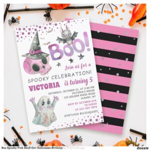 Boo Spooky Pink Skull Girl Halloween Birthday Invitation