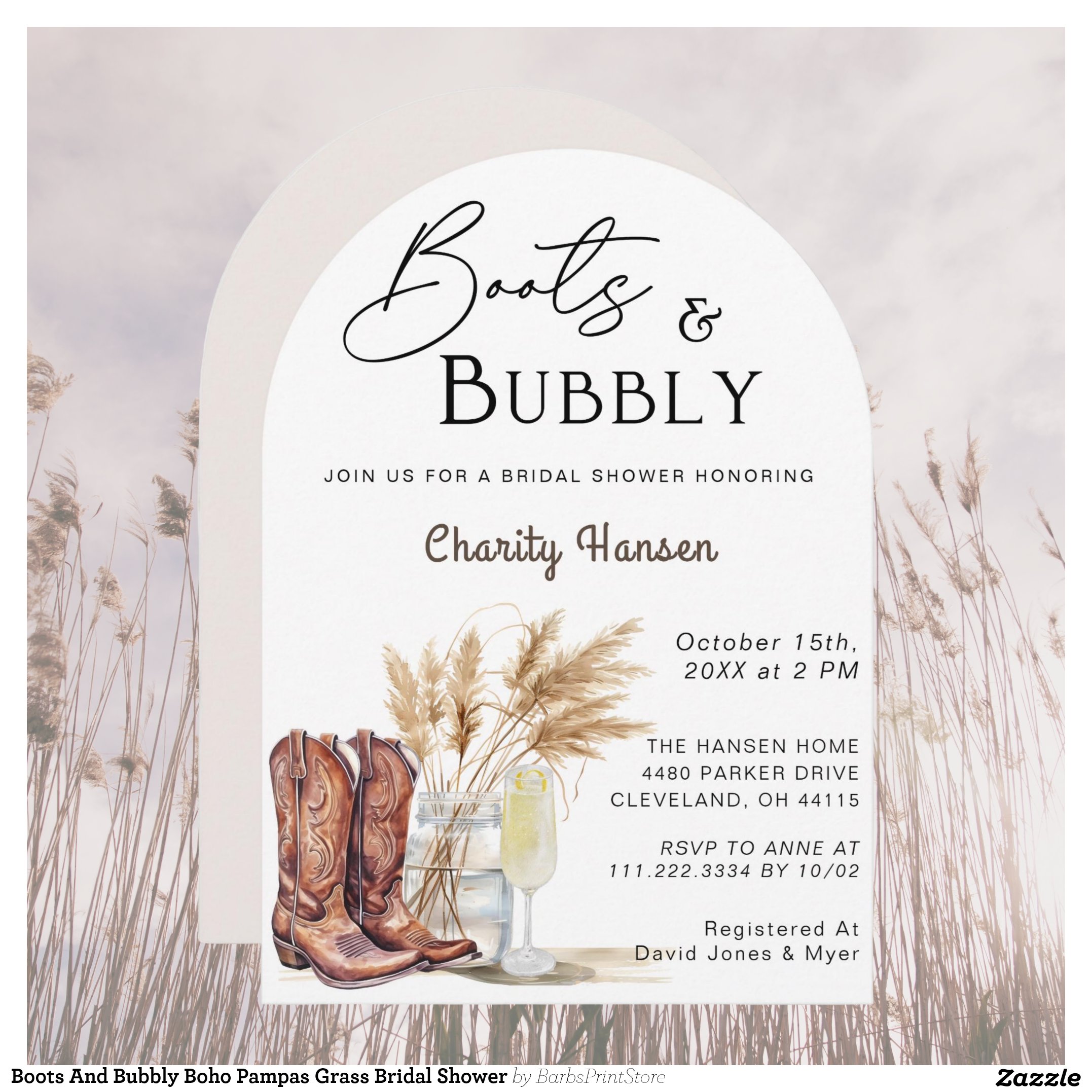 Boots And Bubbly Boho Pampas Grass Bridal Shower Invitation