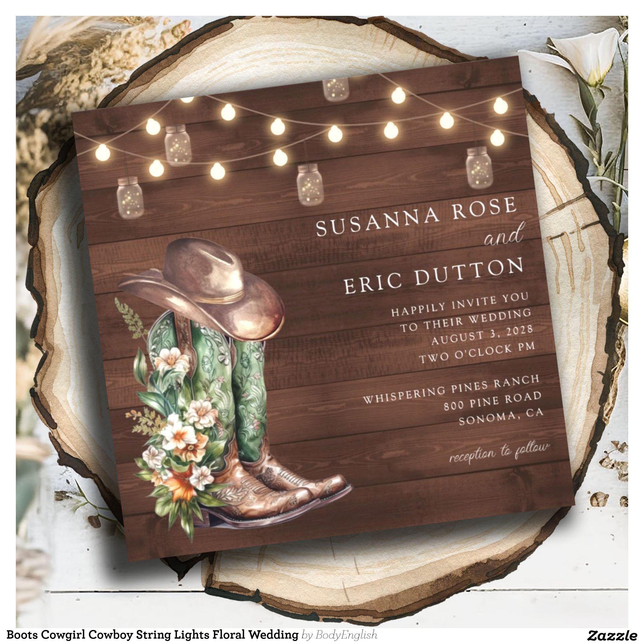 Boots Cowgirl Cowboy String Lights Floral Wedding Invitation