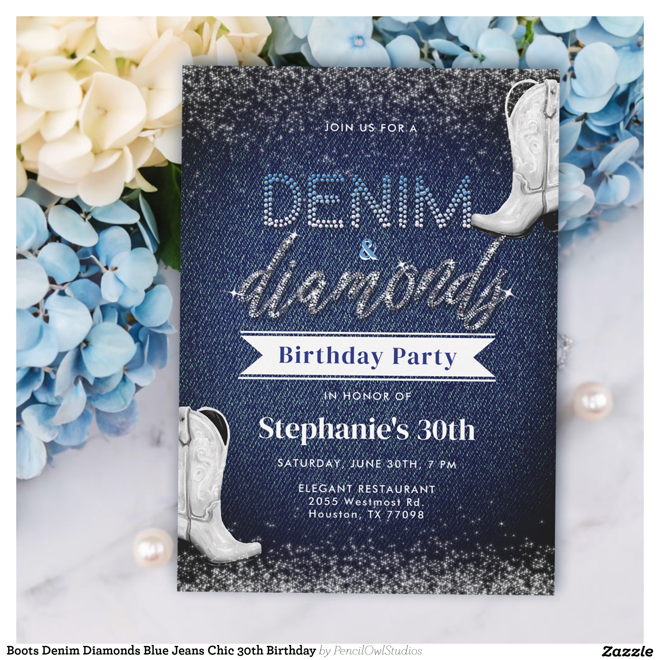 Boots Denim Diamonds Blue Jeans Chic 30th Birthday Invitation