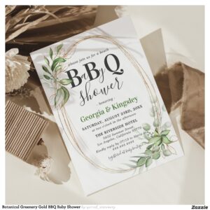 Botanical Greenery Gold BBQ Baby Shower Invitation