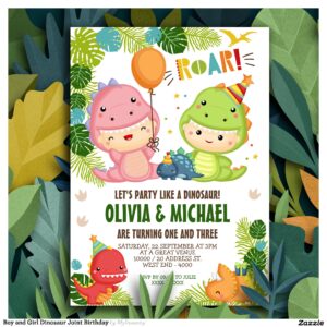 Boy and Girl Dinosaur Joint Birthday Invitation