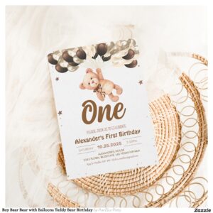 Boy Bear Bear with Balloons Teddy Bear Birthday Invitation