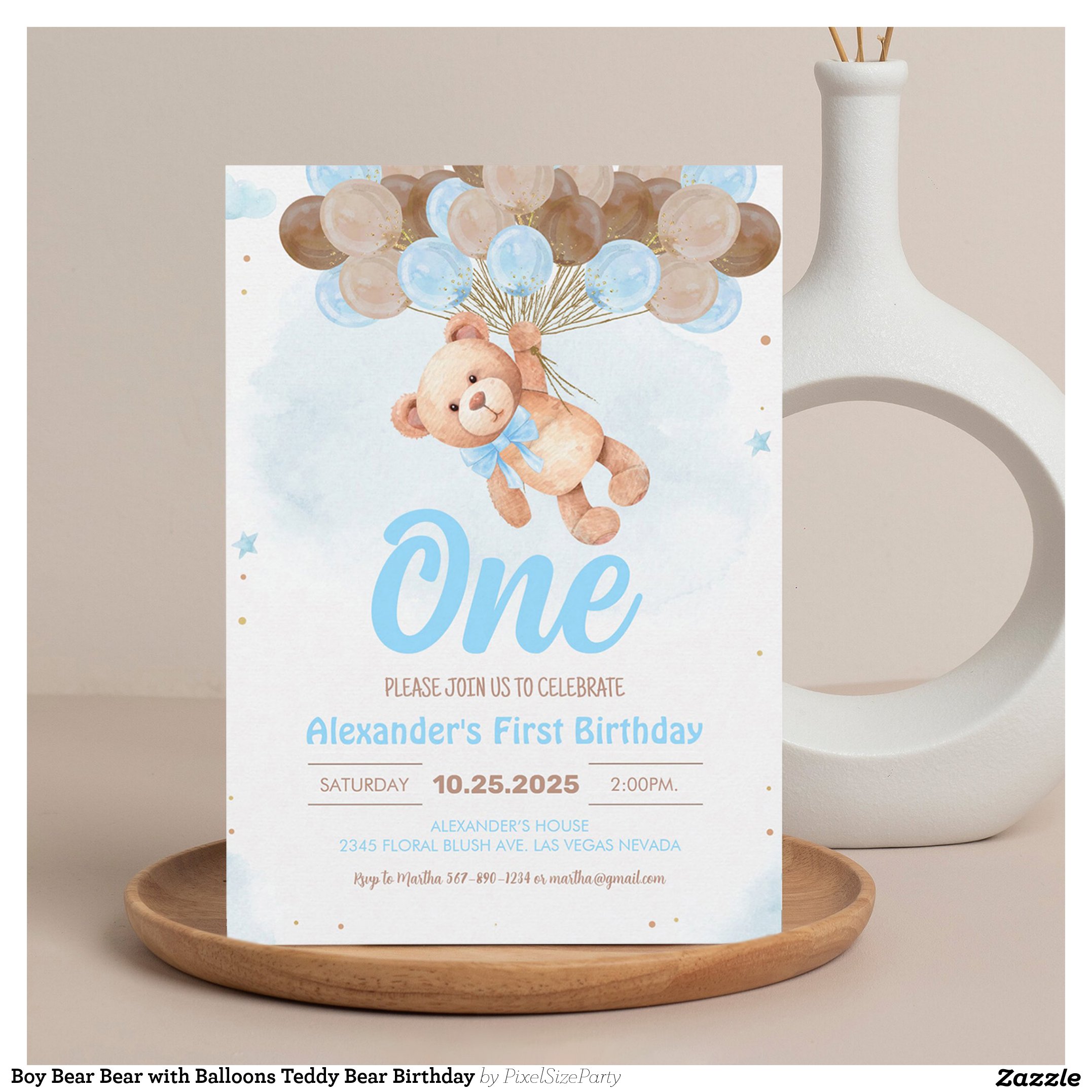 Boy Bear Bear with Balloons Teddy Bear Birthday Invitation