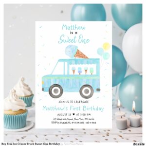 Boy Blue Ice Cream Truck Sweet One Birthday Invitation