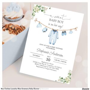 Boy Clothes Laundry Blue Greenery Baby Shower Invitation
