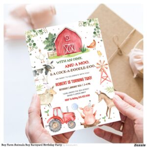 Boy Farm Animals Boy Barnyard Birthday Party Invitation