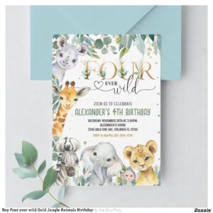Boy Four ever wild Gold Jungle Animals Birthday Invitation