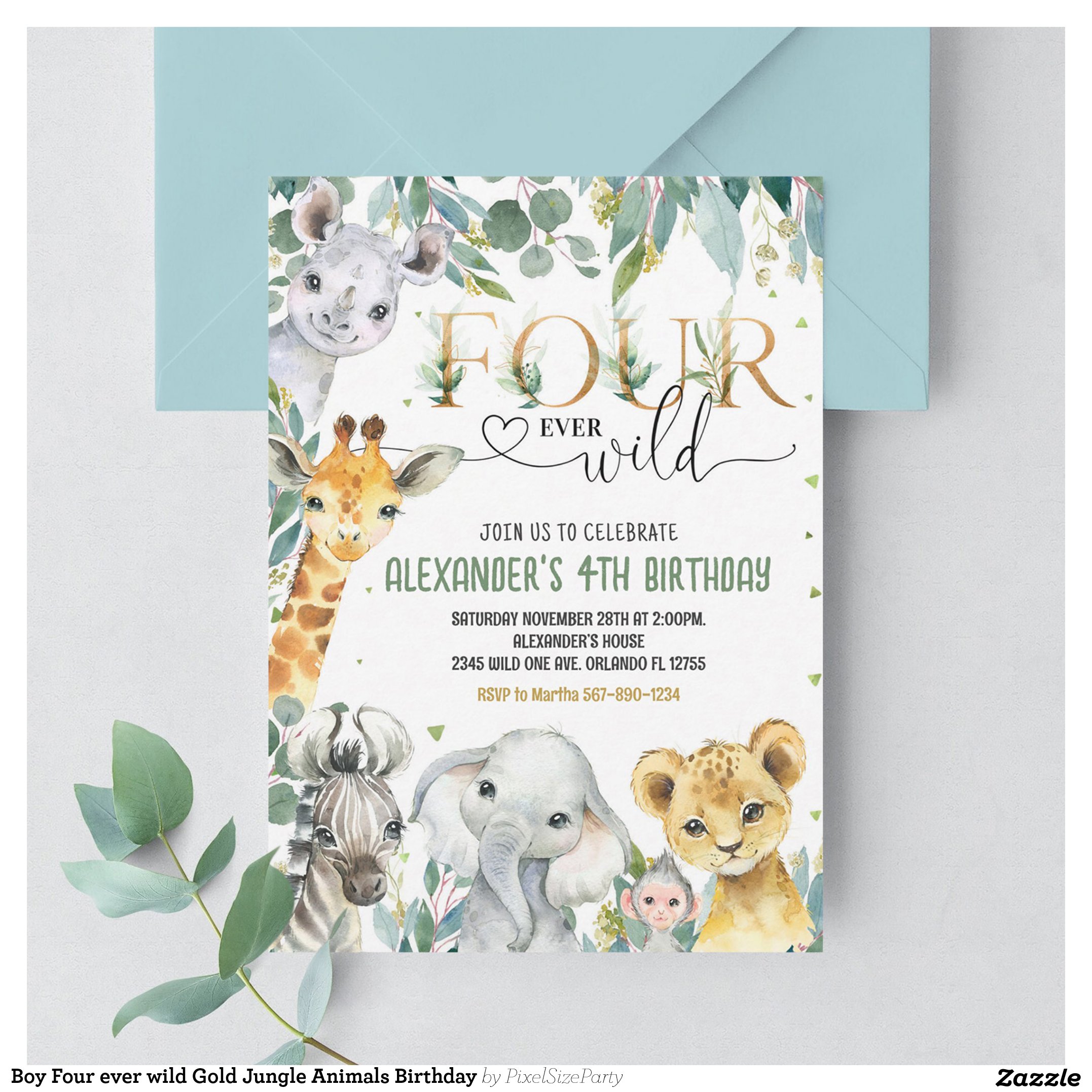 Boy Four ever wild Gold Jungle Animals Birthday Invitation