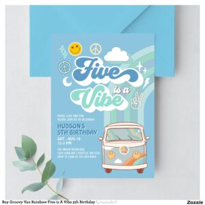 Boy Groovy Van Rainbow Five is A Vibe 5th Birthday Invitation