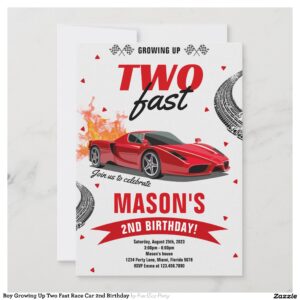 Boy Growing Up Two Fast Race Car 2nd Birthday Invitation
