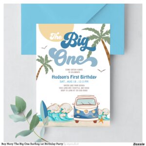 Boy Navy The Big One Surfing 1st Birthday Party Invitation