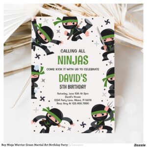 Boy Ninja Warrior Green Martial Art Birthday Party Invitation
