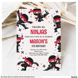 Boy Ninja Warrior Red Martial Art Birthday Party Invitation