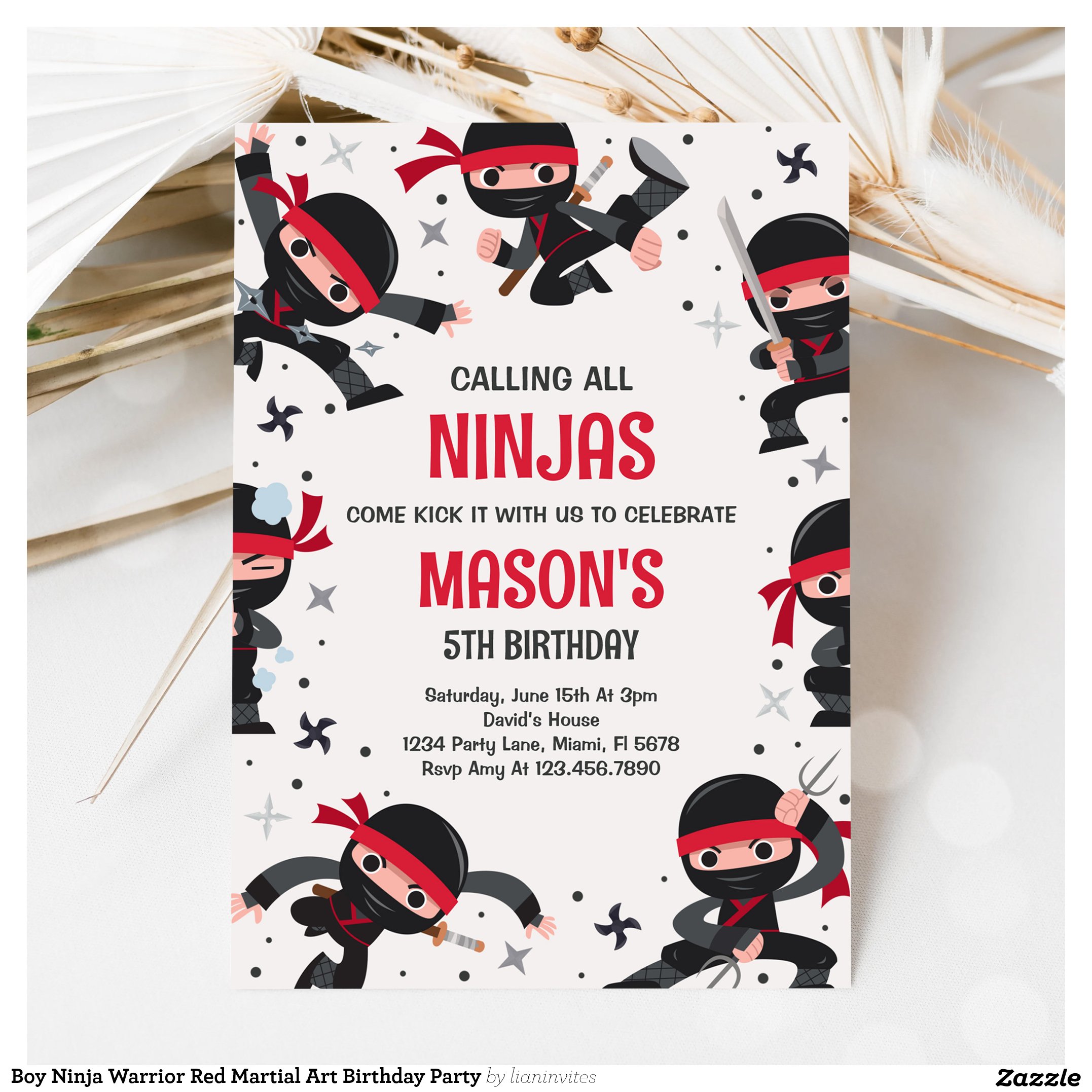 Boy Ninja Warrior Red Martial Art Birthday Party Invitation
