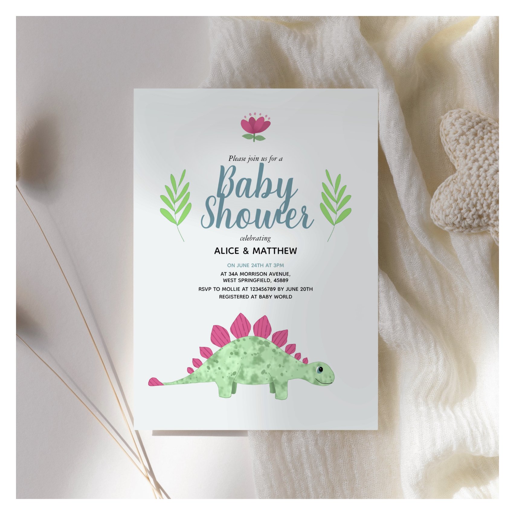 Boys Cute Blue Jungle T-Rex Dinosaur Baby Shower Invitation