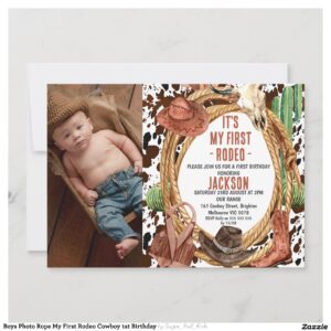 Boys Photo Rope My First Rodeo Cowboy 1st Birthday Invitation