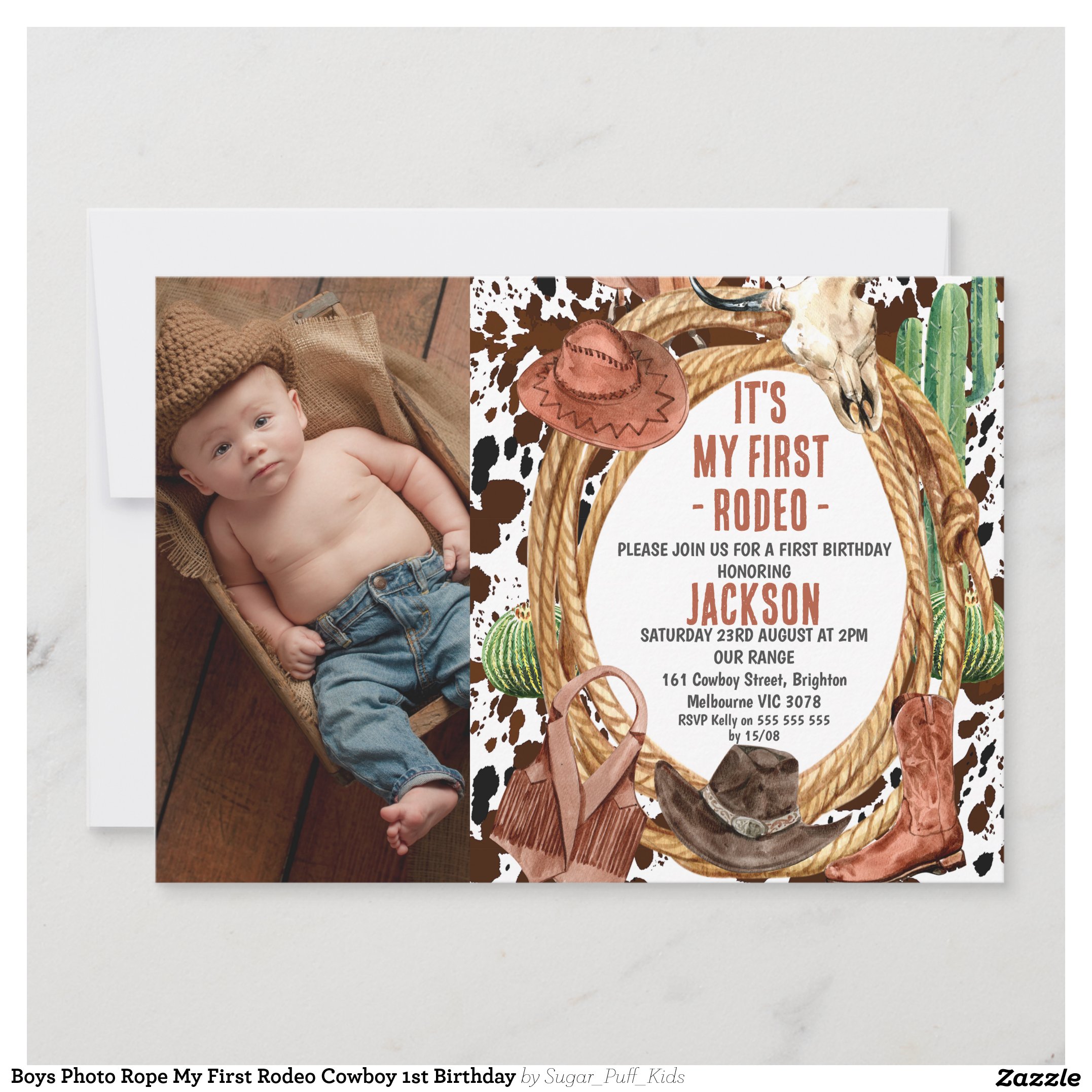 Boys Photo Rope My First Rodeo Cowboy 1st Birthday Invitation