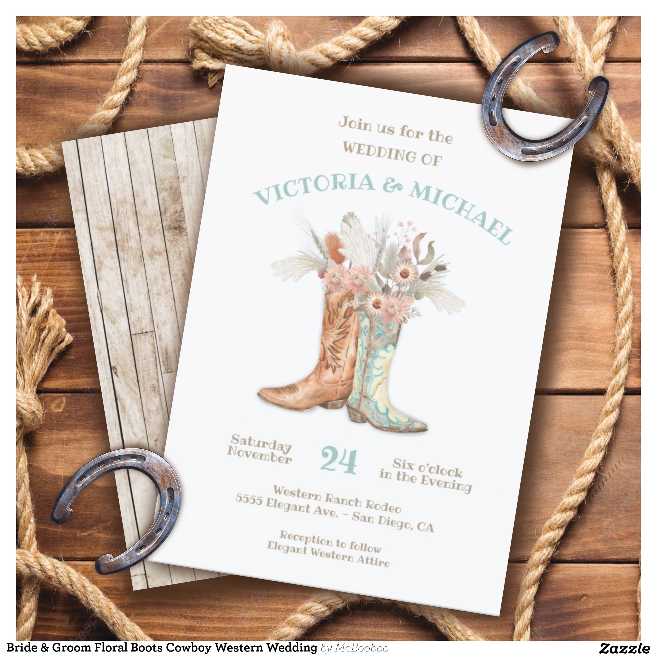 Bride & Groom Floral Boots Cowboy Western Wedding Invitation