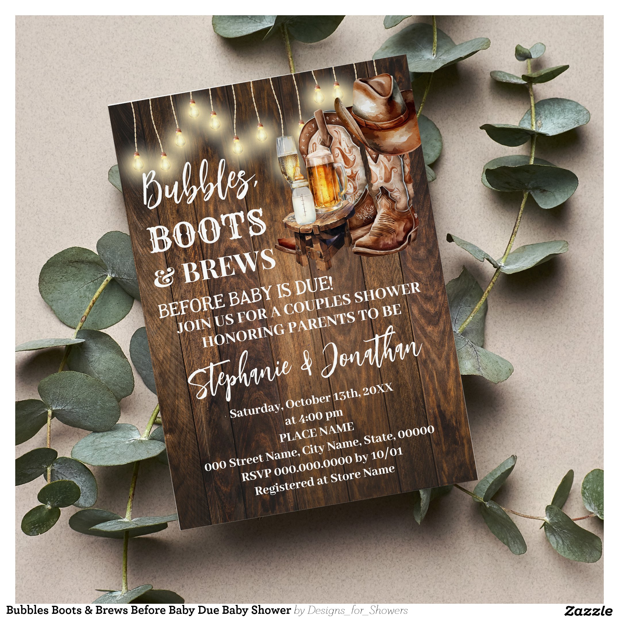 Bubbles Boots & Brews Before Baby Due Baby Shower Invitation