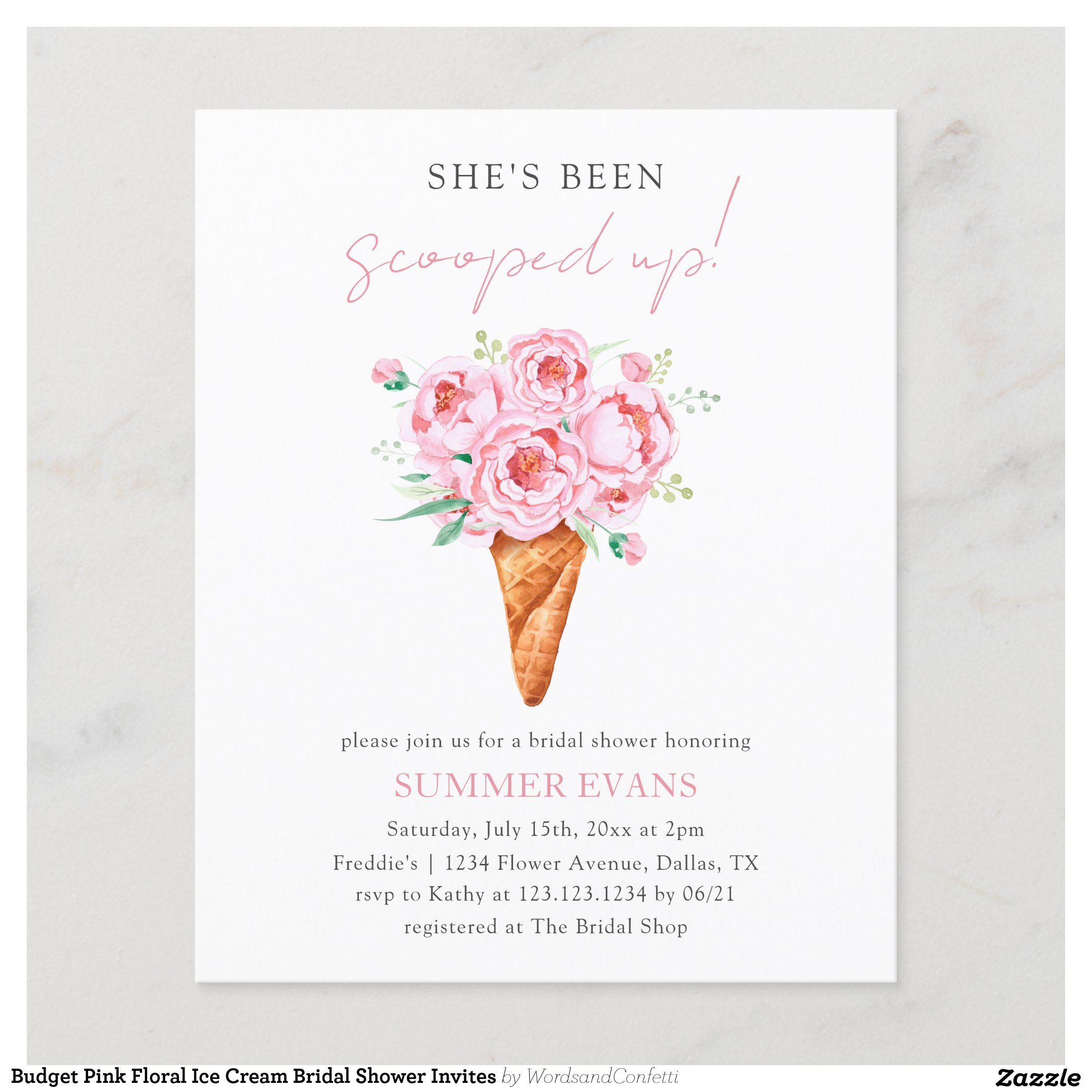 Budget Pink Floral Ice Cream Bridal Shower Invites