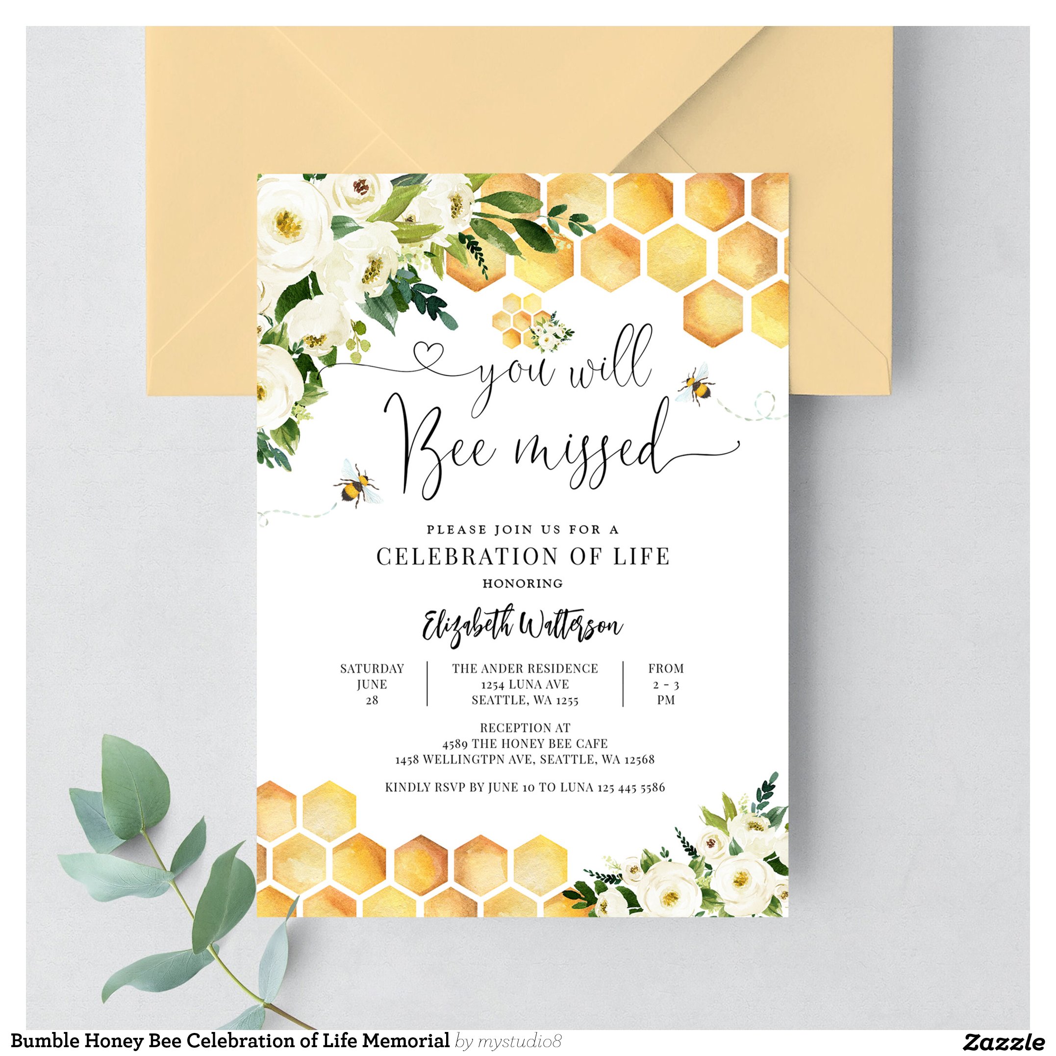 Bumble Honey Bee Celebration of Life Memorial Invitation