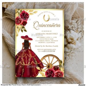 Burgundy Red Floral Dress Charro Gold Quinceanera Invitation