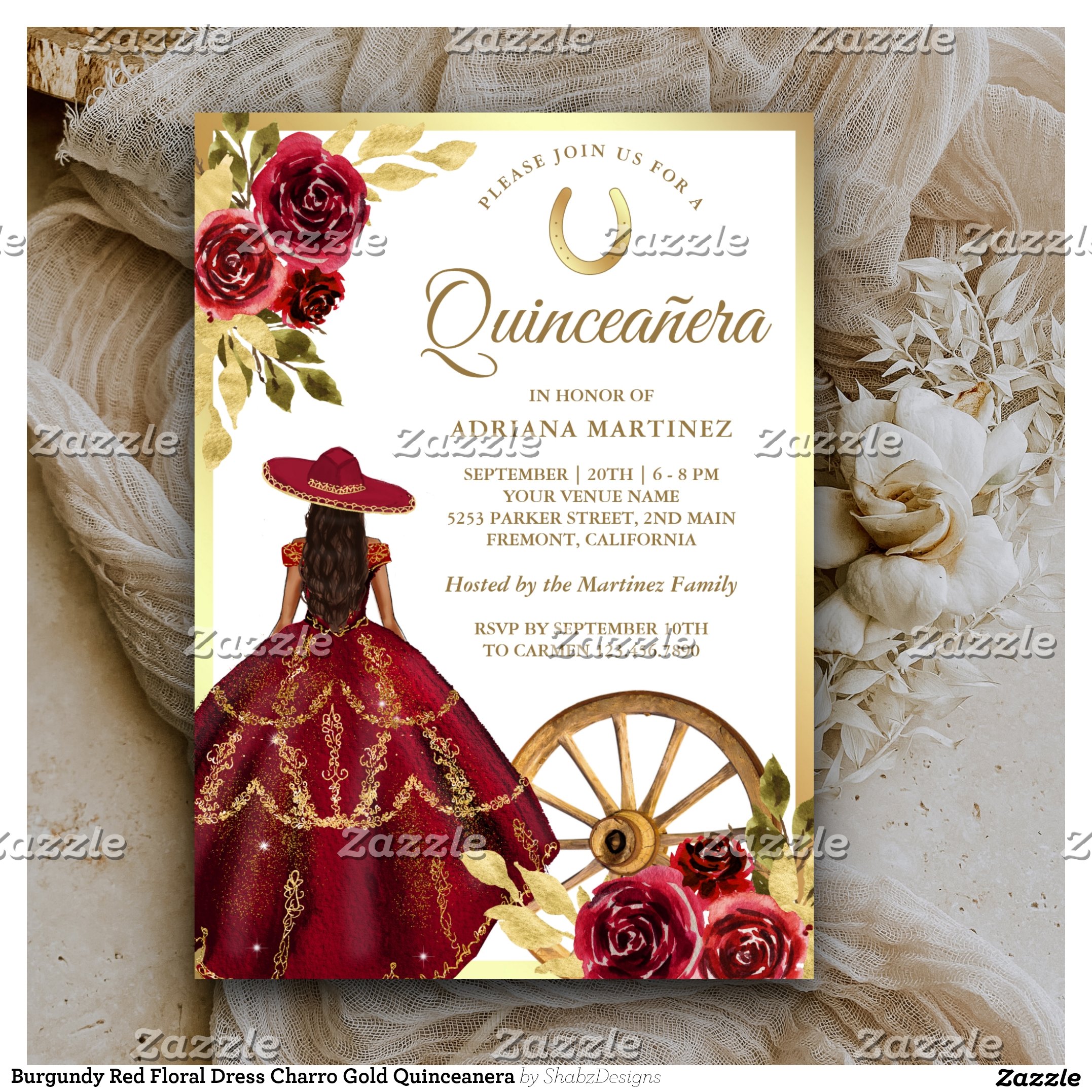 Burgundy Red Floral Dress Charro Gold Quinceanera Invitation