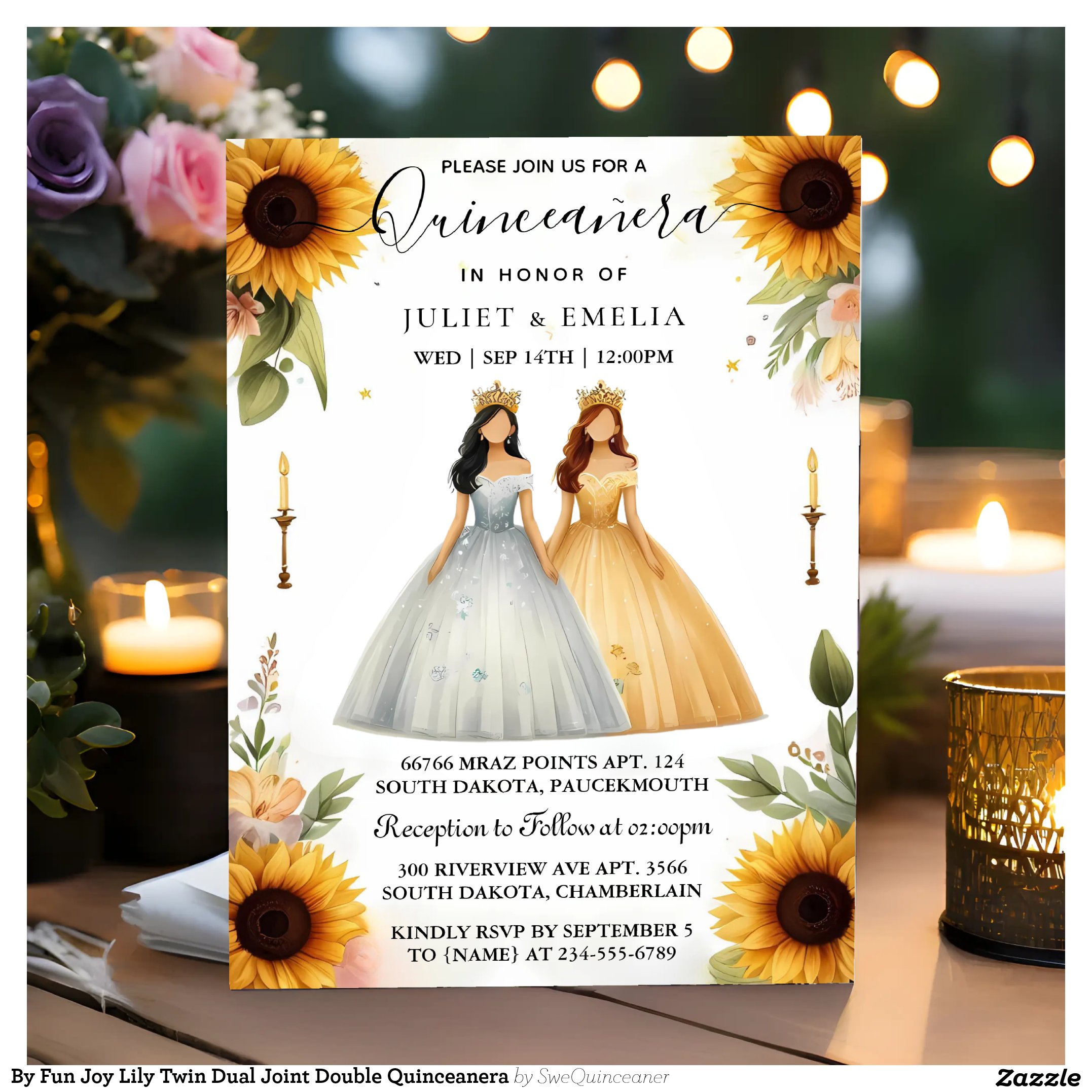 By Fun Joy Lily Twin Dual Joint Double Quinceanera Invitation