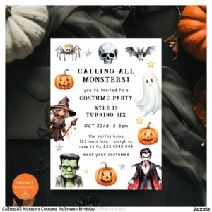 Calling All Monsters Costume Halloween Birthday Invitation