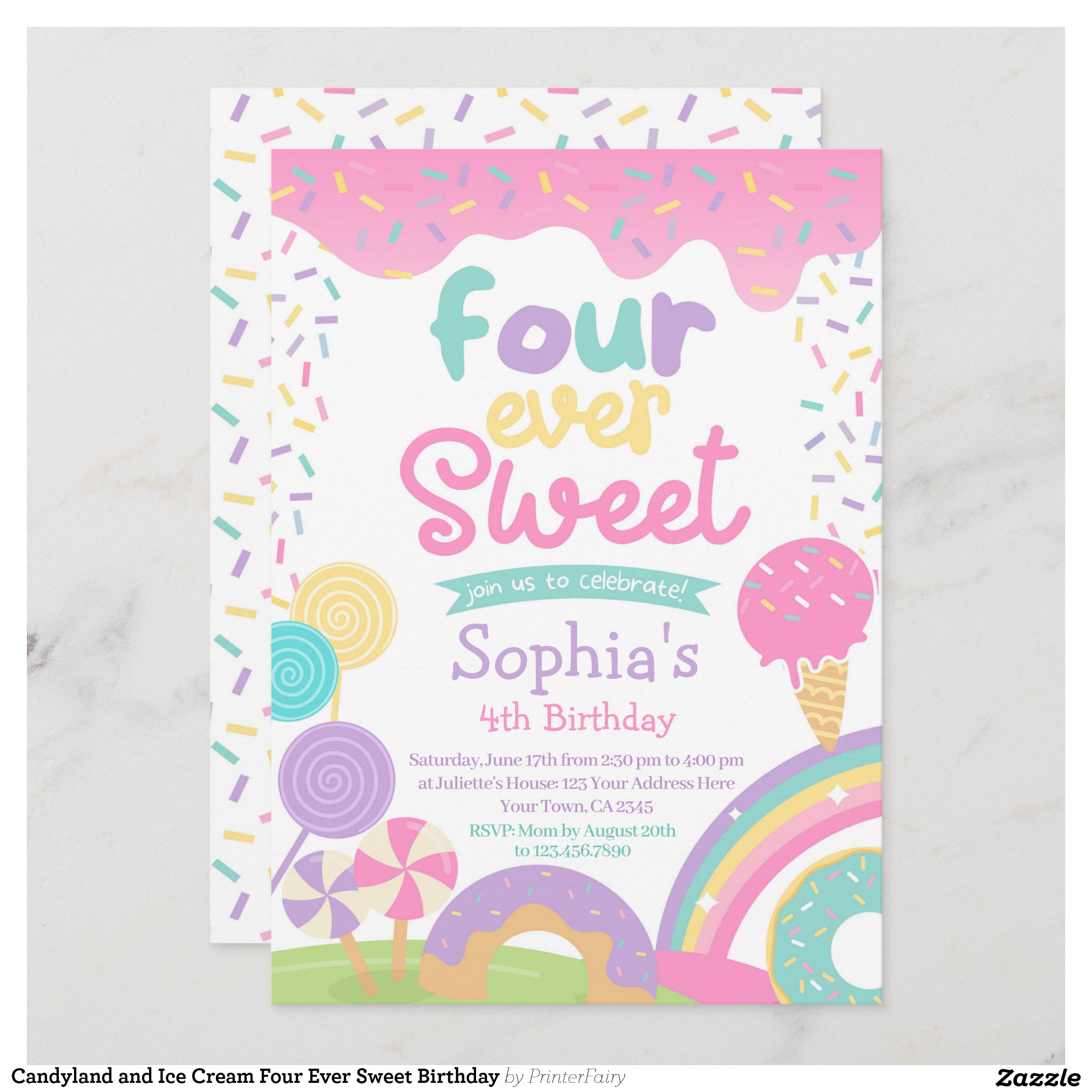 Candyland and Ice Cream Four Ever Sweet Birthday Invitation
